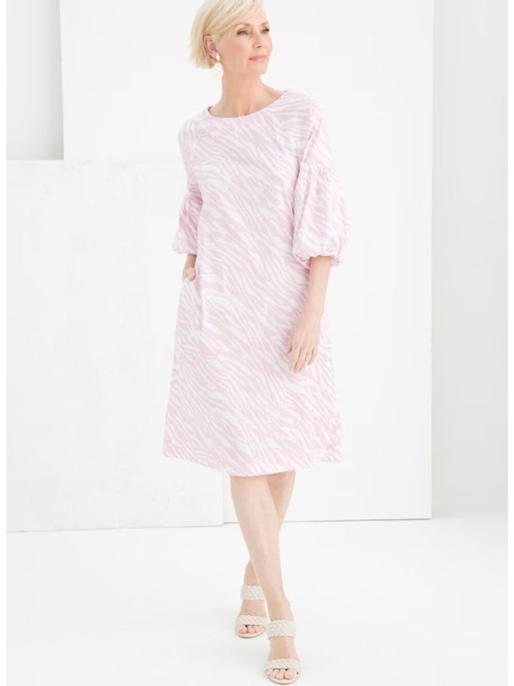 Chicos Midi Dress Size 4/6 Balloon Sleeve Zebra Print Pink White Career Office